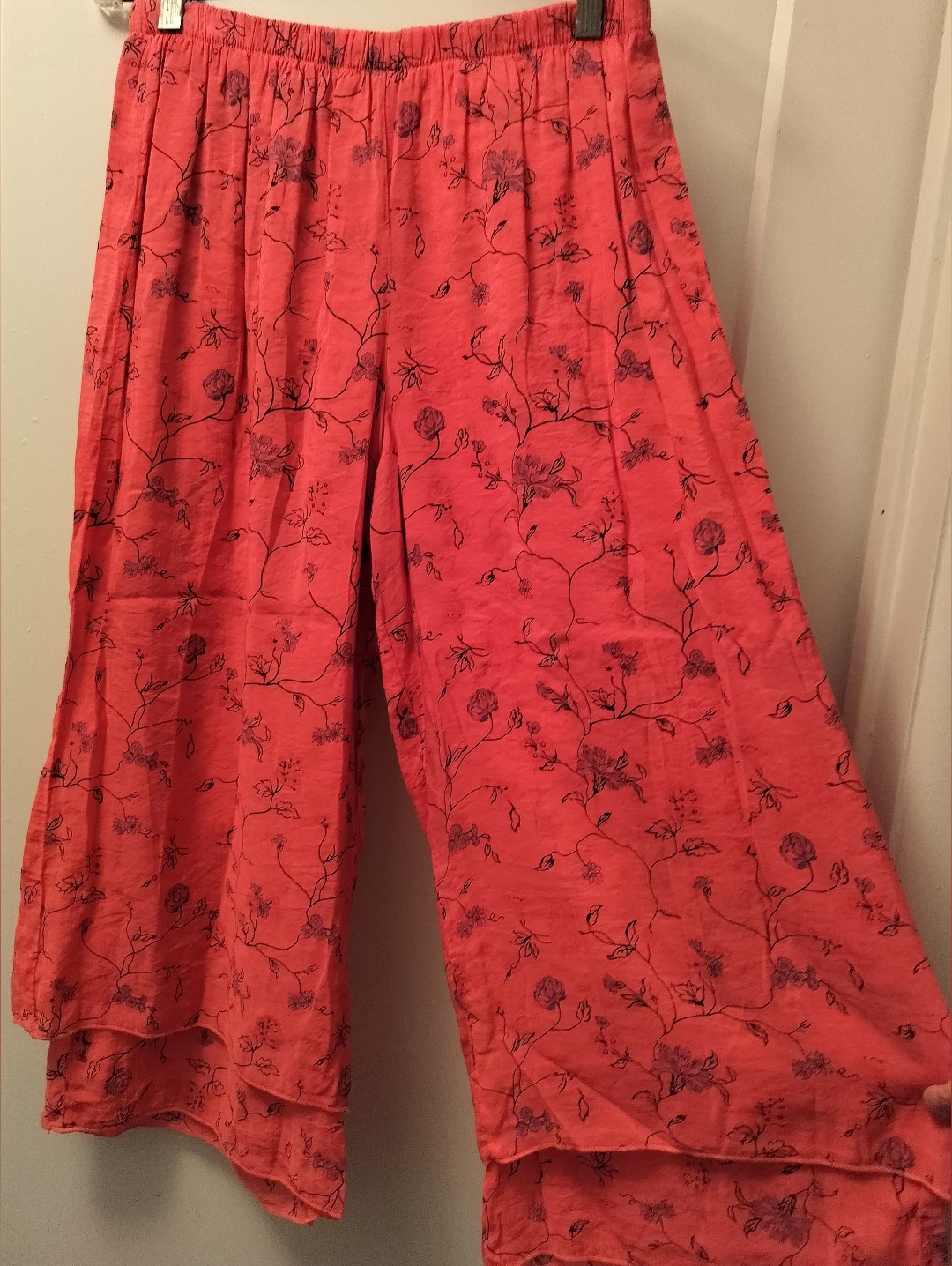Double Layered Wide-Leg Floral Palazzo Pants - Coral - Size M